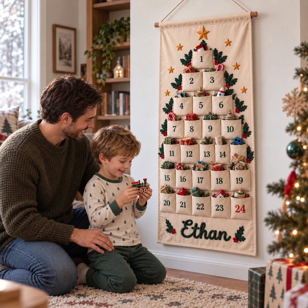 Personalized Advent Calendar HG for Kids, Custom Name 24 Pocket Christmas Countdown, Fabric Hanging Calendar, Sibling Christmas Tradition
