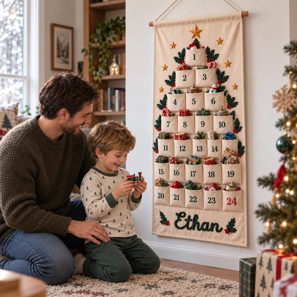 Personalized Christmas Advent Calendar HG, Embroidered Name 24-Pocket Fabric Countdown Organizer, Kids Advent Calendar HG, Reusable Wall Hanging