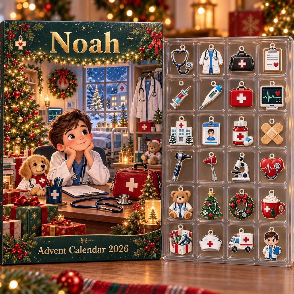 Personalized Doctor Advent Calendar HG, 24 Medical Christmas Charms, Custom Name Future Doctor Gift, Holiday Countdown Box