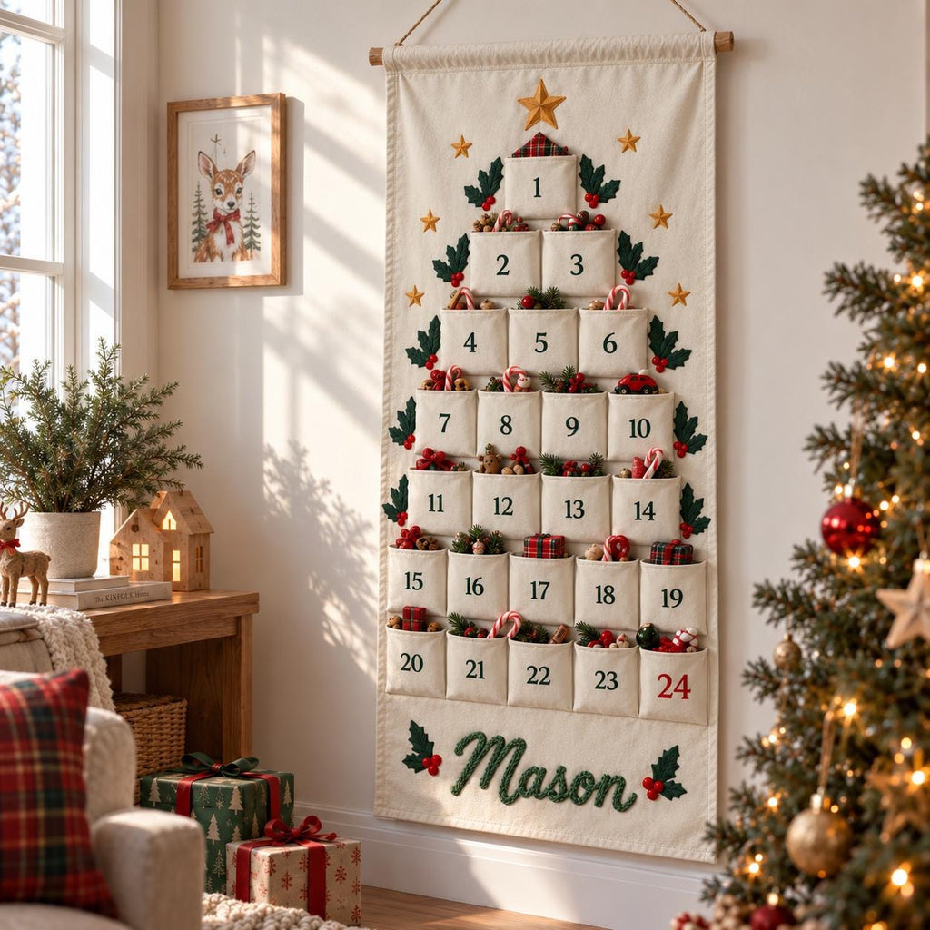 Personalized Advent Calendar HG for Kids, Custom Name 24 Pocket Christmas Countdown, Fabric Hanging Calendar, Sibling Christmas Tradition