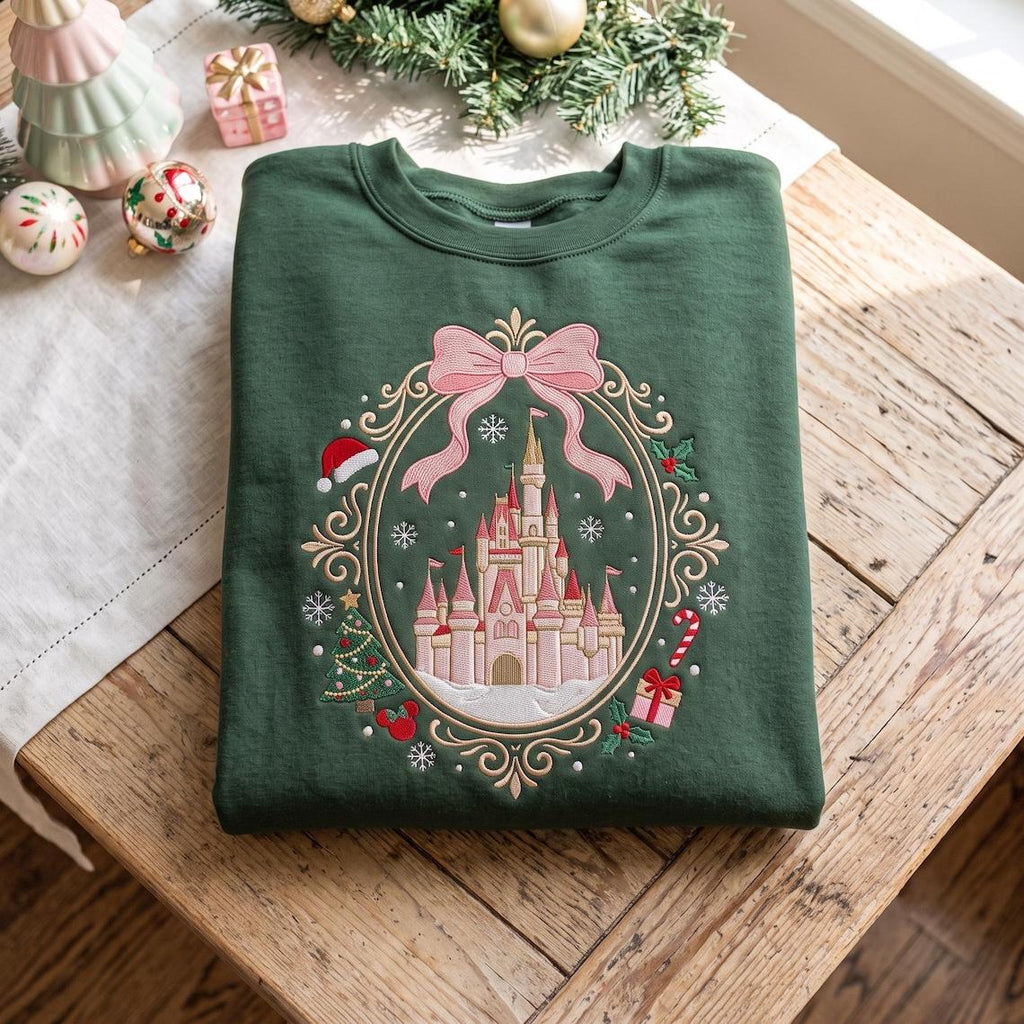 Coquette Christmas Castle Embroidered Gingham Mock Neck HFN Sweatshirt, Magical Disney Holiday Sweatshirt, Christmas Vacation Trip, Festive Gift