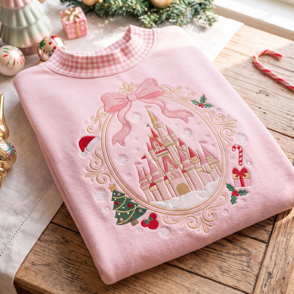 Coquette Christmas Castle Embroidered Gingham Mock Neck HFN Sweatshirt, Magical Disney Holiday Sweatshirt, Christmas Vacation Trip, Festive Gift