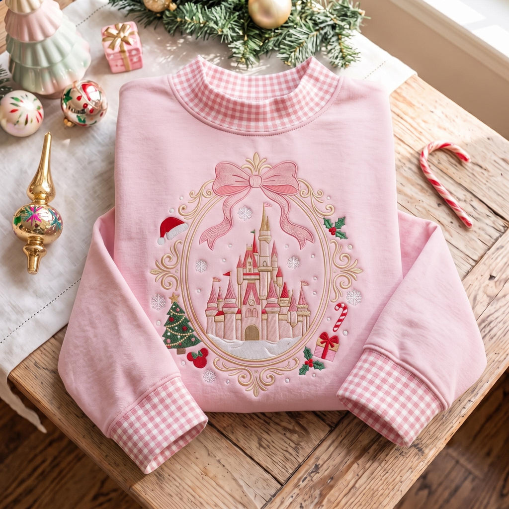 Coquette Christmas Castle Embroidered Gingham Mock Neck HFN Sweatshirt, Magical Disney Holiday Sweatshirt, Christmas Vacation Trip, Festive Gift