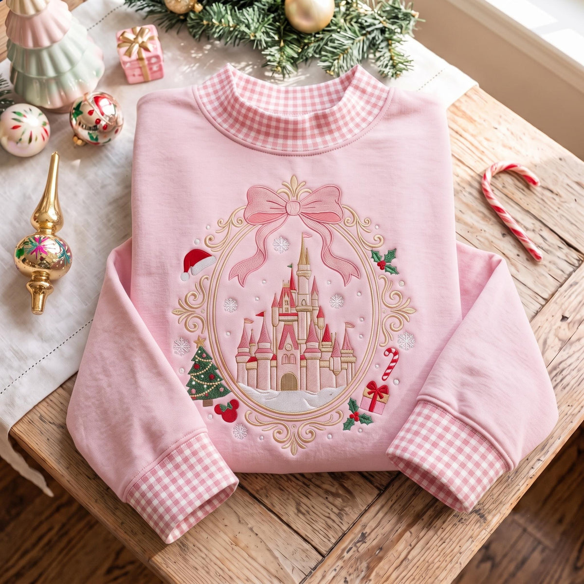 Coquette Christmas Castle Embroidered Gingham Mock Neck HFN Sweatshirt, Magical Disney Holiday Sweatshirt, Christmas Vacation Trip, Festive Gift