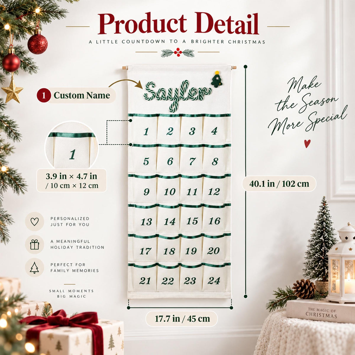 Personalized Handmade Yarn Name Christmas Hanging Advent Calendar HG, Family Tradition
