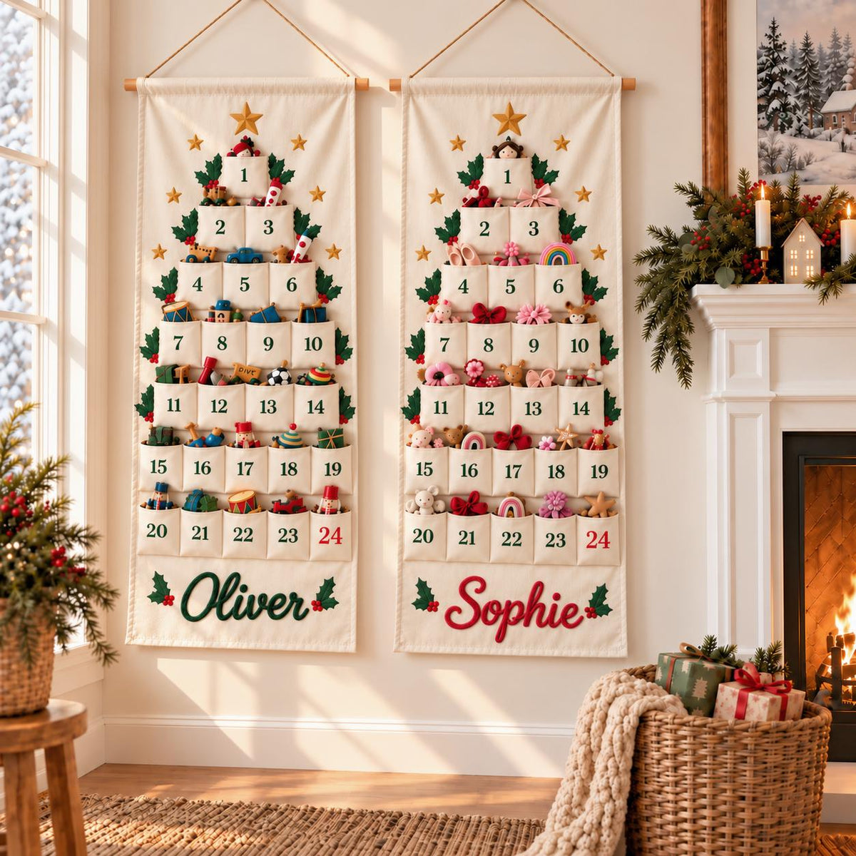 Personalized Advent Calendar HG for Kids, 24 Pocket Christmas Countdown Calendar, Fillable Fabric Wall Hanging, Custom Name Christmas Decor