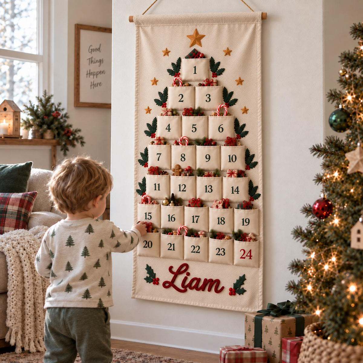 Personalized Advent Calendar HG for Kids, Custom Name 24 Pocket Christmas Countdown, Fabric Hanging Calendar, Sibling Christmas Tradition