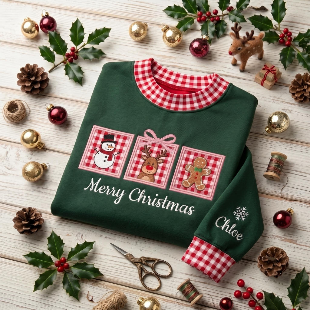 Christmas Gingham Mock Neck HFN Sweatshirt, Applique Gingham Snowman Reindeer Gingerbread Crewneck, Festive Holiday Embroidered Top