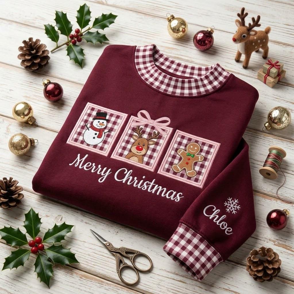 Christmas Gingham Mock Neck HFN Sweatshirt, Applique Gingham Snowman Reindeer Gingerbread Crewneck, Festive Holiday Embroidered Top