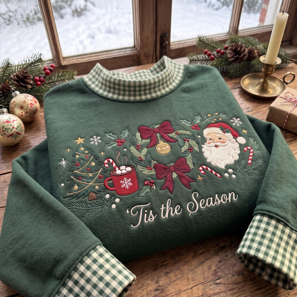 Tis the Season Gingham Mock Neck HFN Sweatshirt, Christmas Embroidered Santa Wreath Tree Crewneck, Cozy Holiday Sweater, Festive Christmas Gift