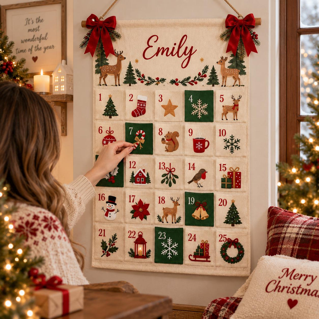 Personalized Fabric Advent Calendar HG, 24 Pocket Christmas Countdown Calendar, Reusable Wall Hanging, Kids Xmas Gift