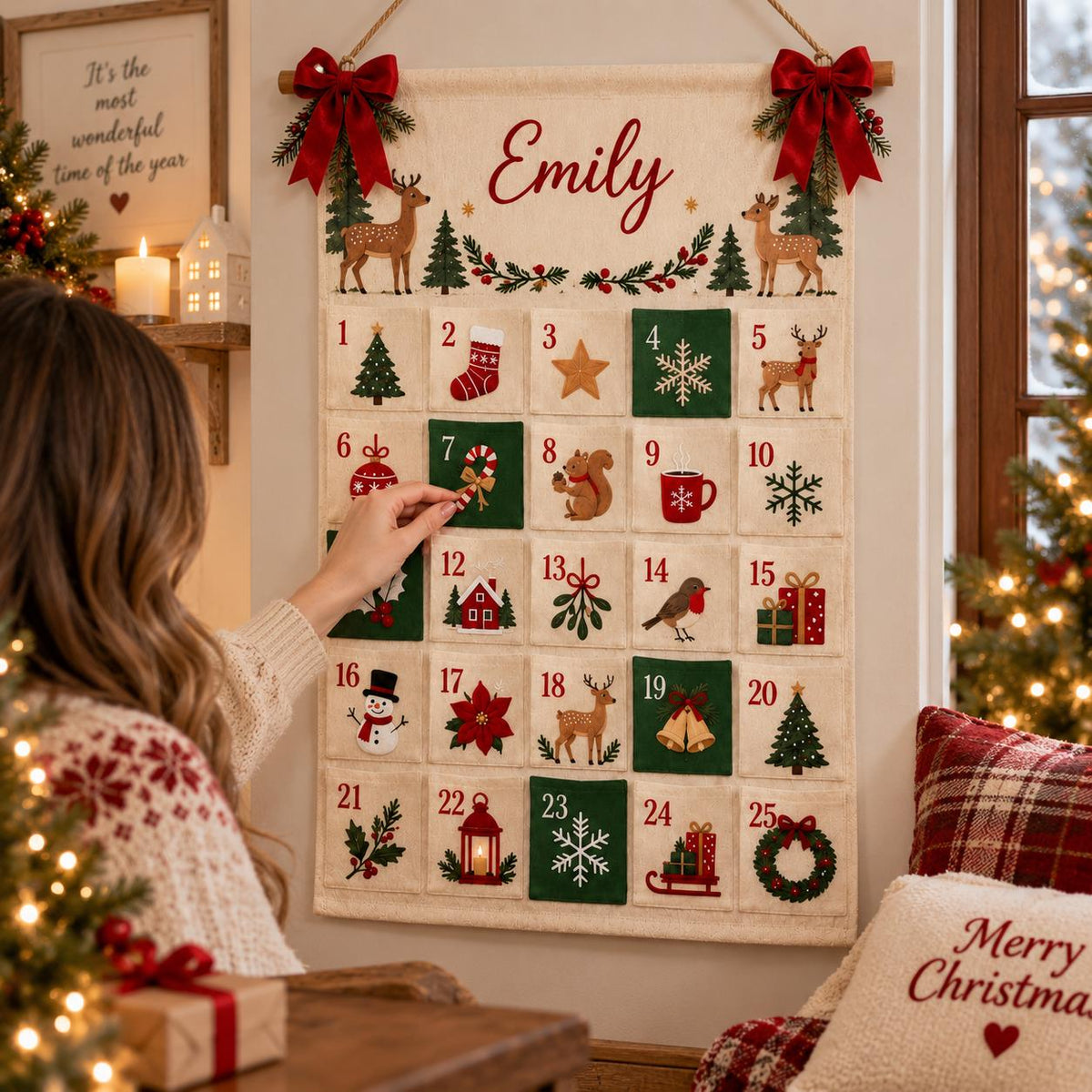 Personalized Fabric Advent Calendar HG, 24 Pocket Christmas Countdown Calendar, Reusable Wall Hanging, Kids Xmas Gift