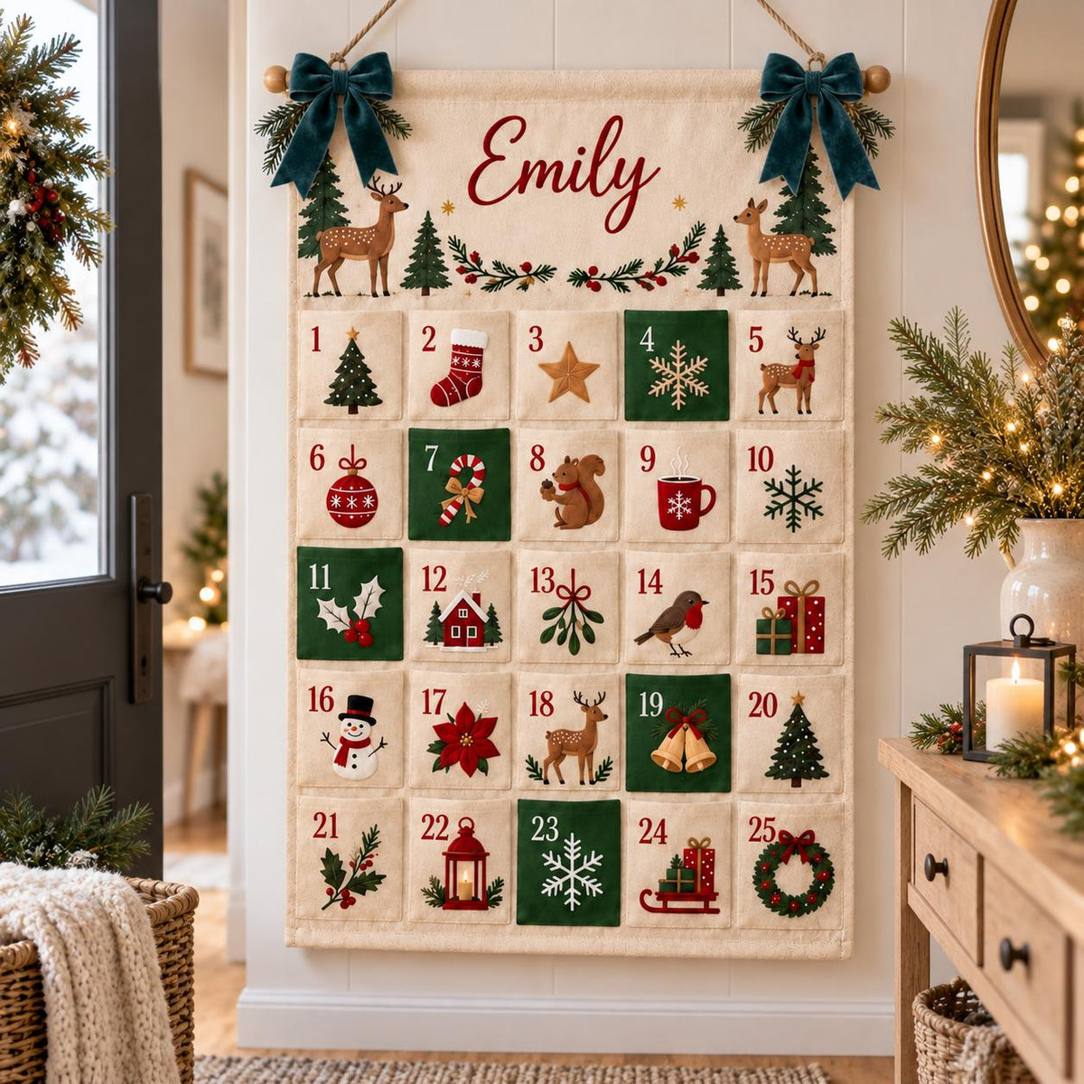 Personalized Fabric Advent Calendar HG, 24 Pocket Christmas Countdown Calendar, Reusable Wall Hanging, Kids Xmas Gift