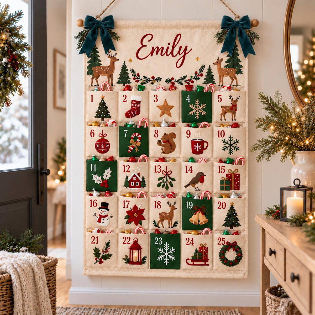 Personalized Fabric Advent Calendar HG, 24 Pocket Christmas Countdown Calendar, Reusable Wall Hanging, Kids Xmas Gift