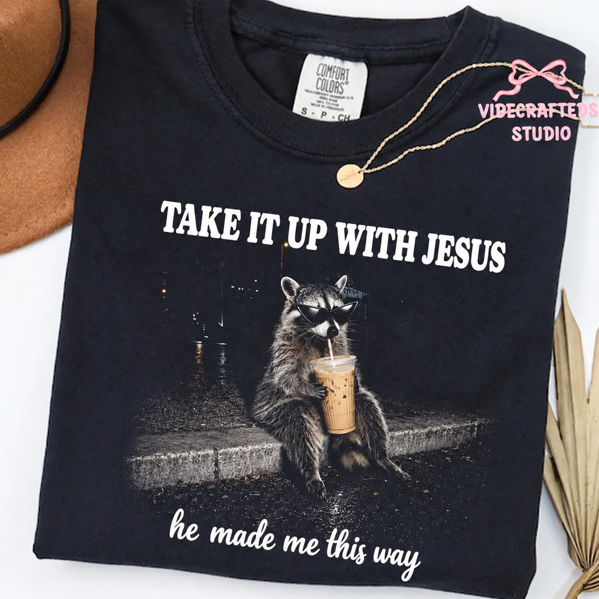 Comfort Colors HFN Grunge Raccoon Drinking Coffee Tea Shirt, Take It Up With Jesus Tee, Funny Christian Raccoon, Sarcastic Faith Gift