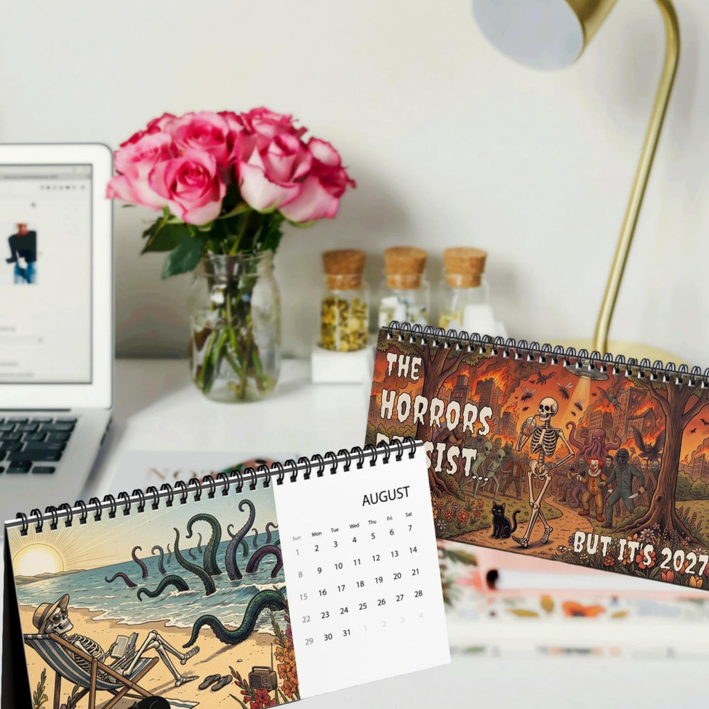 The Horrors Persist Desktop 2027 Calendar | Funny Horror Skeleton Calendar for 2027 | Dark Humor Desk Calendar