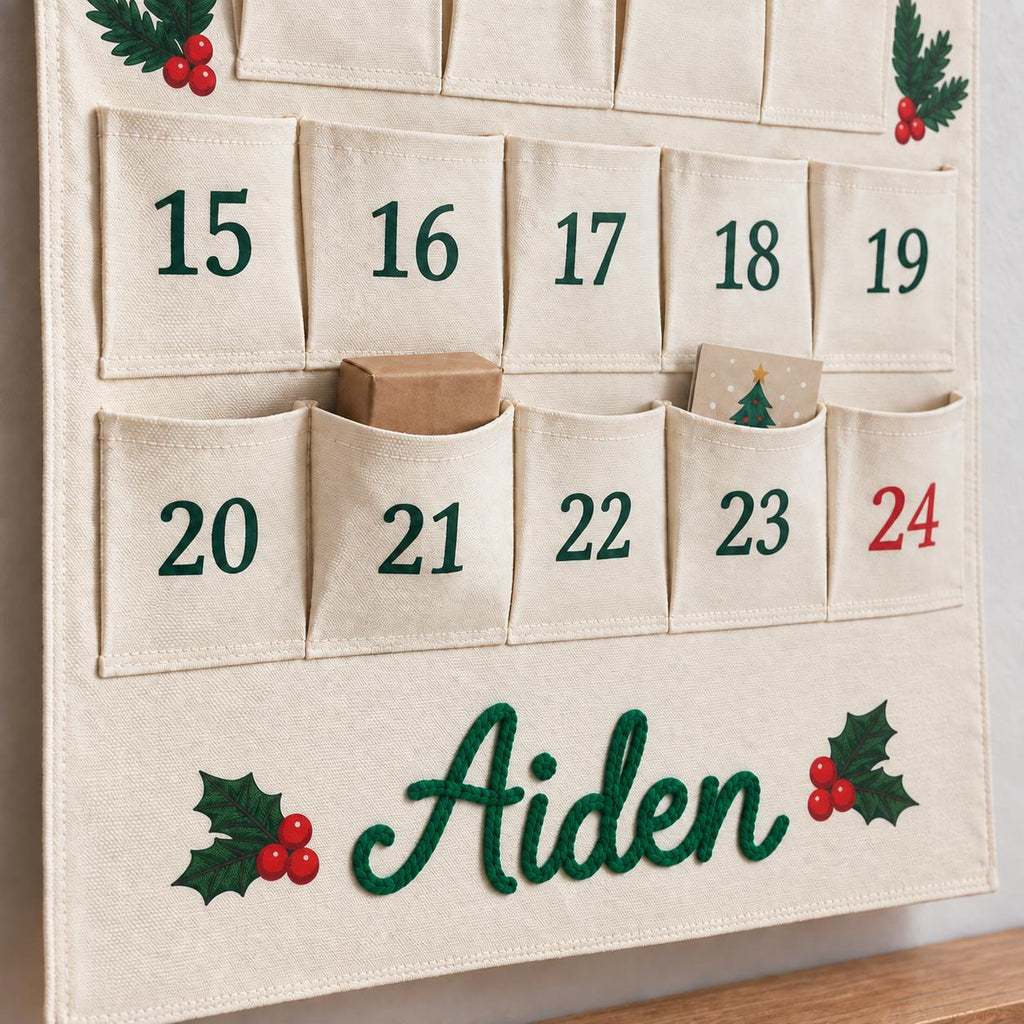 Personalized Advent Calendar HG for Kids, Custom Name 24 Pocket Christmas Countdown, Fabric Hanging Calendar, Sibling Christmas Tradition
