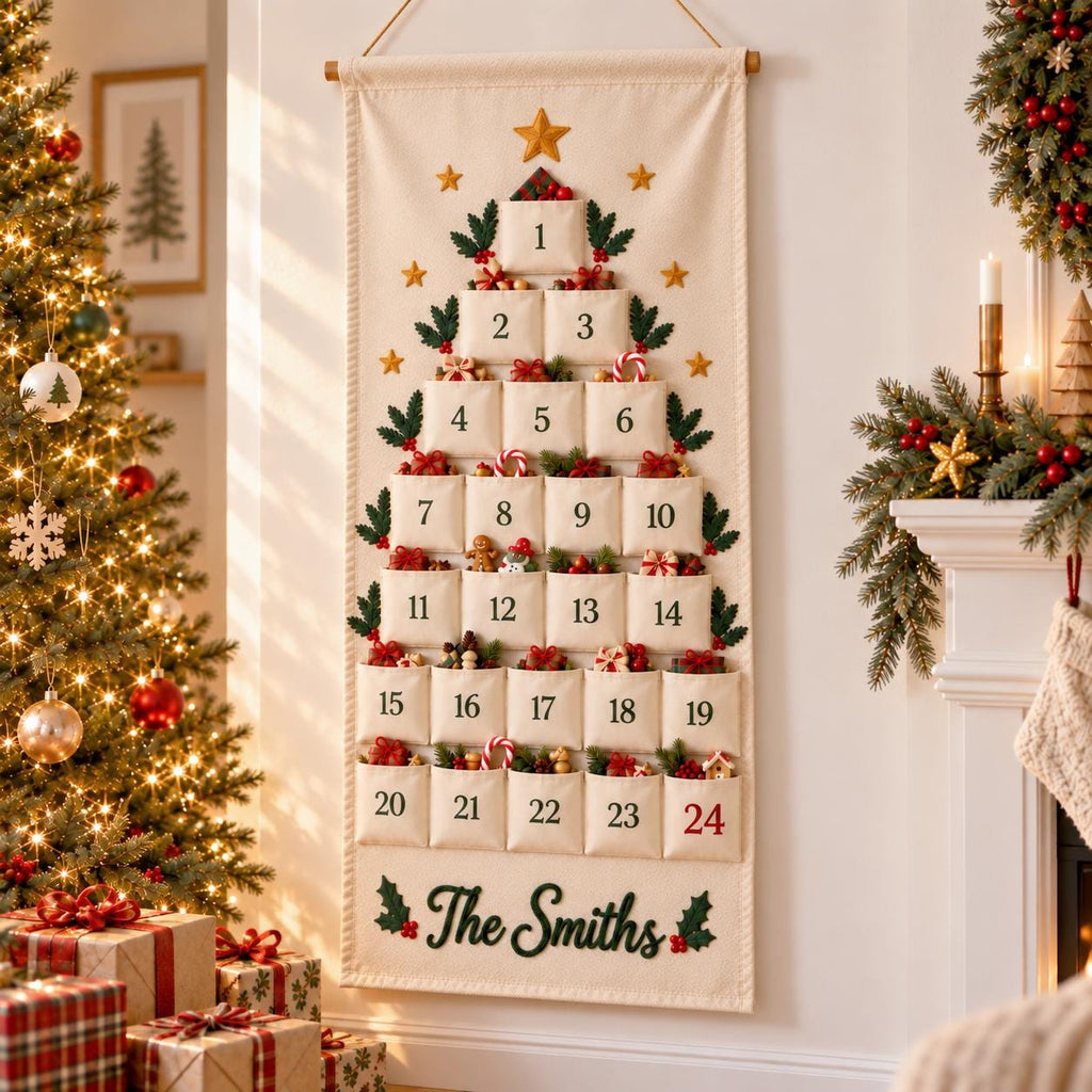 Personalized Advent Calendar HG for Kids, Custom Name 24 Pocket Christmas Countdown, Fabric Hanging Calendar, Sibling Christmas Tradition