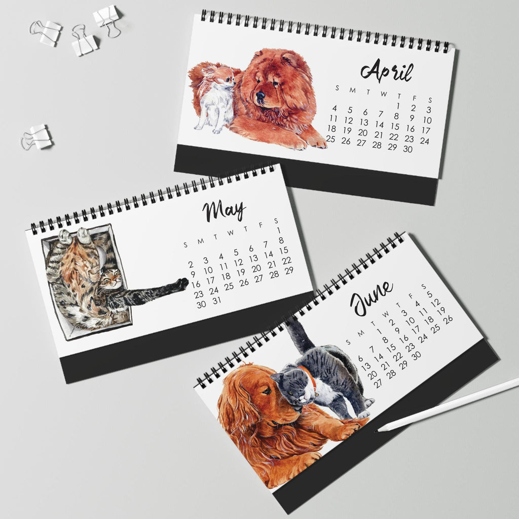 2027 Watercolor Cats & Dogs Desk Calendar | Monthly Pet Desktop Calendar