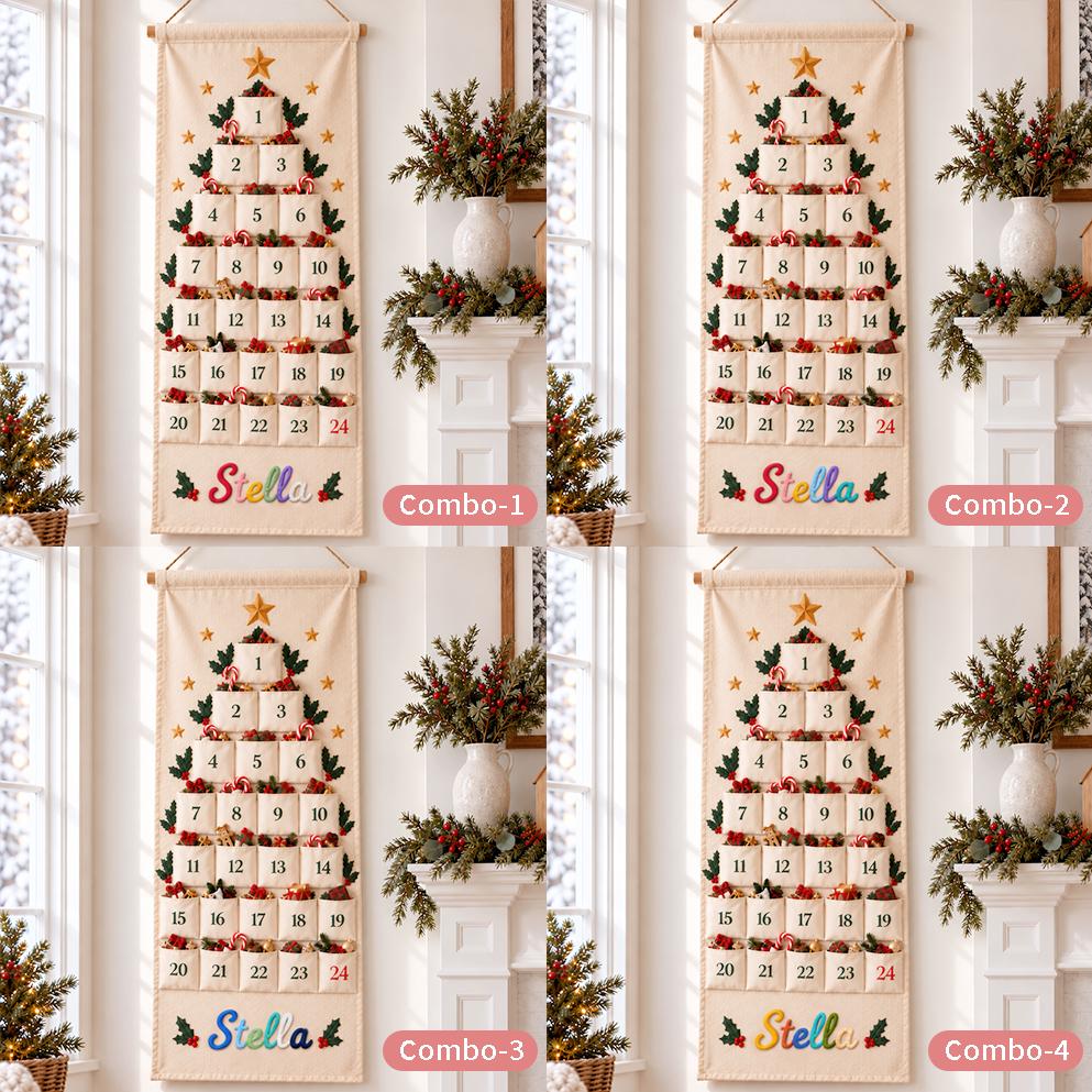 Personalized Christmas Advent Calendar HG, Embroidered Name 24-Pocket Fabric Countdown Organizer, Kids Advent Calendar HG, Reusable Wall Hanging