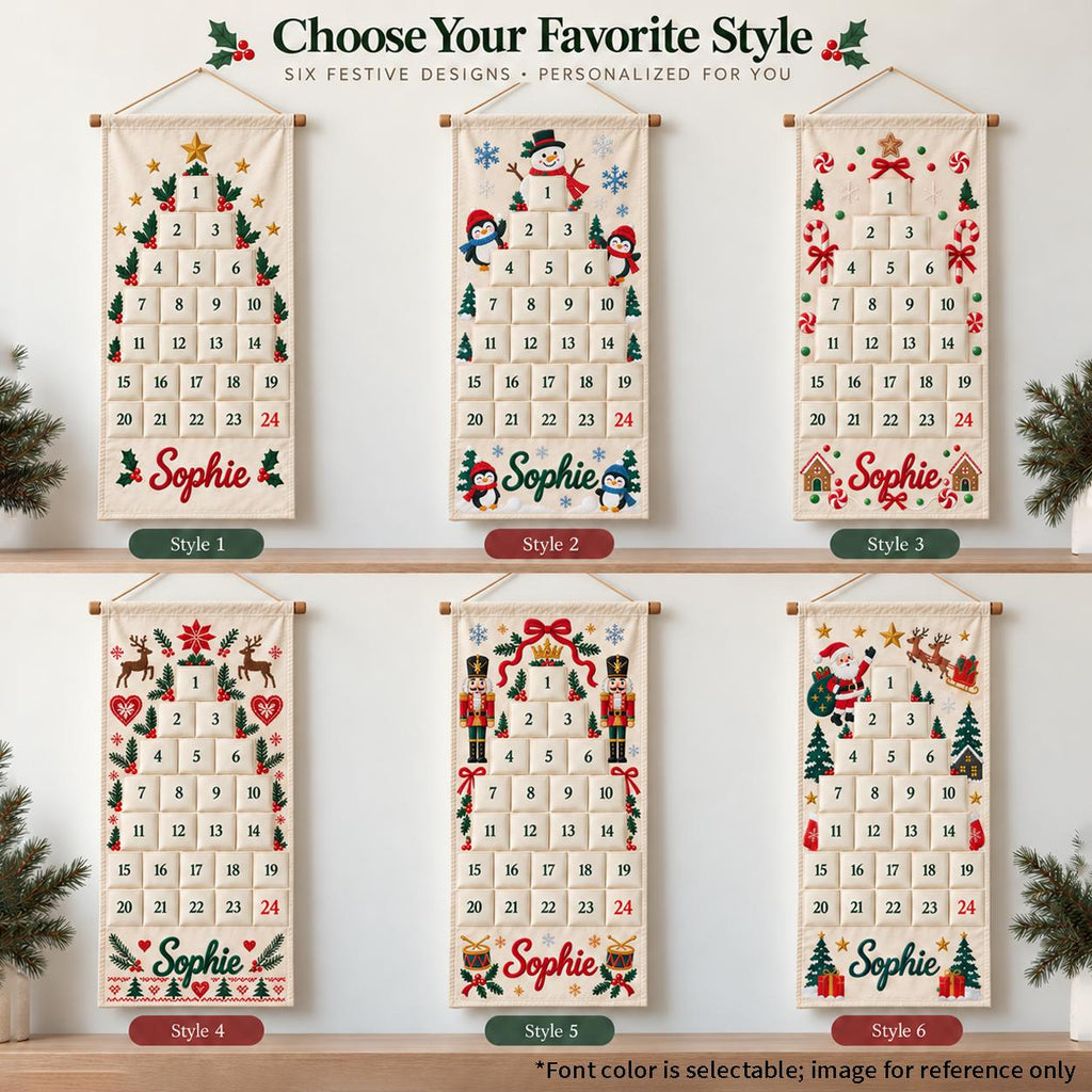Personalized Christmas Advent Calendar HG, Embroidered Name 24-Pocket Fabric Countdown Organizer, Kids Advent Calendar HG, Reusable Wall Hanging