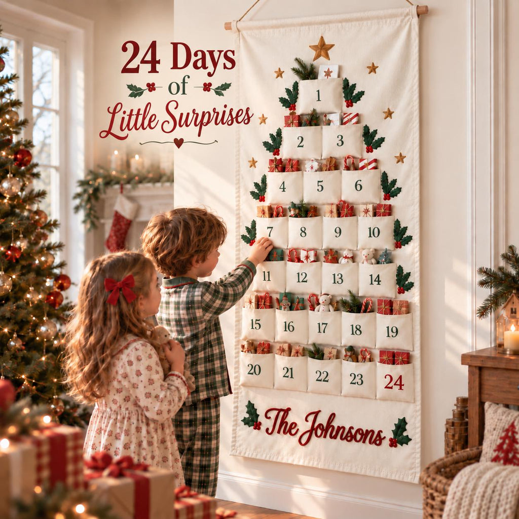 Personalized Christmas Advent Calendar HG, Embroidered Name 24-Pocket Fabric Countdown Organizer, Kids Advent Calendar HG, Reusable Wall Hanging