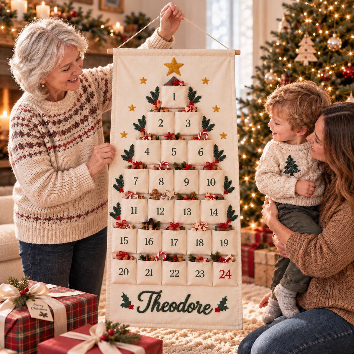 Personalized Christmas Advent Calendar HG, Embroidered Name 24-Pocket Fabric Countdown Organizer, Kids Advent Calendar HG, Reusable Wall Hanging