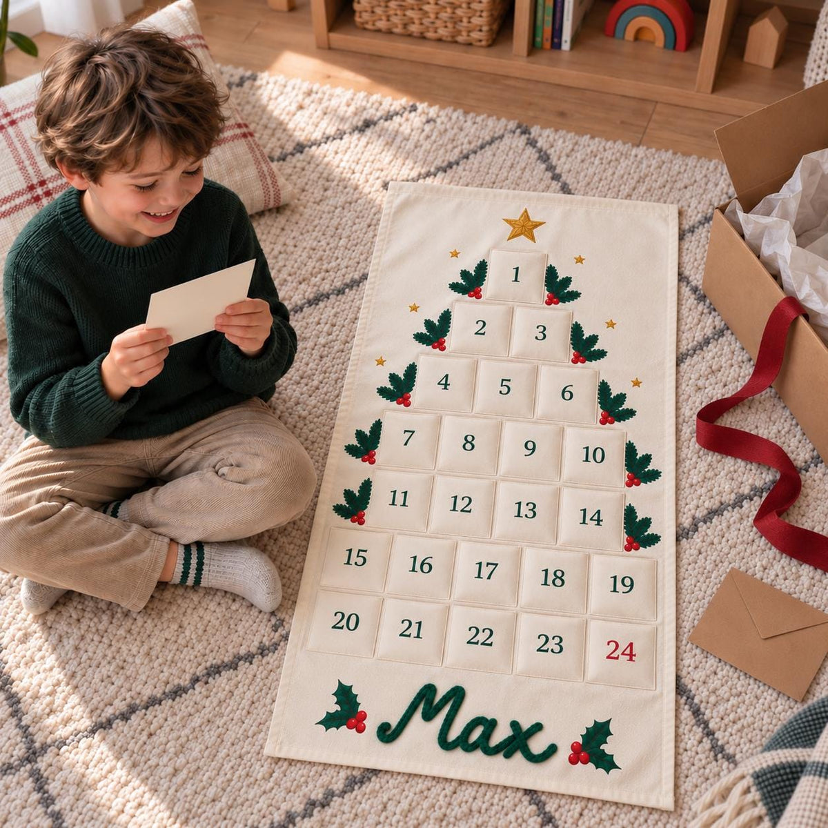 Personalized Advent Calendar HG for Kids, 24 Pocket Christmas Countdown Calendar, Fillable Fabric Wall Hanging, Custom Name Christmas Decor
