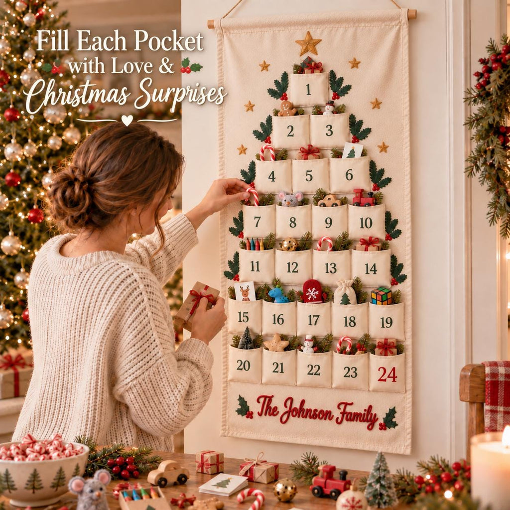 Personalized Advent Calendar HG for Kids, 24 Pocket Christmas Countdown Calendar, Fillable Fabric Wall Hanging, Custom Name Christmas Decor