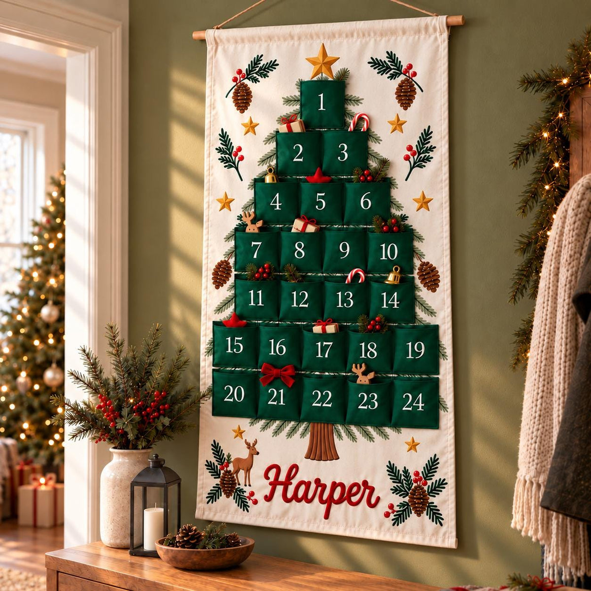Personalized Christmas Advent Calendar HG, 24 Pocket Nutcracker Wall Hanging with Custom Name, Reusable Canvas Holiday Countdown Decor for Kids