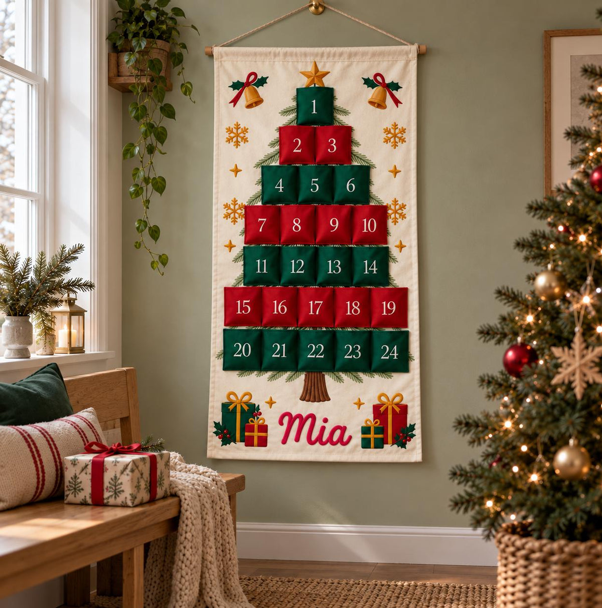 Personalized Christmas Advent Calendar HG, 24 Pocket Nutcracker Wall Hanging with Custom Name, Reusable Canvas Holiday Countdown Decor for Kids