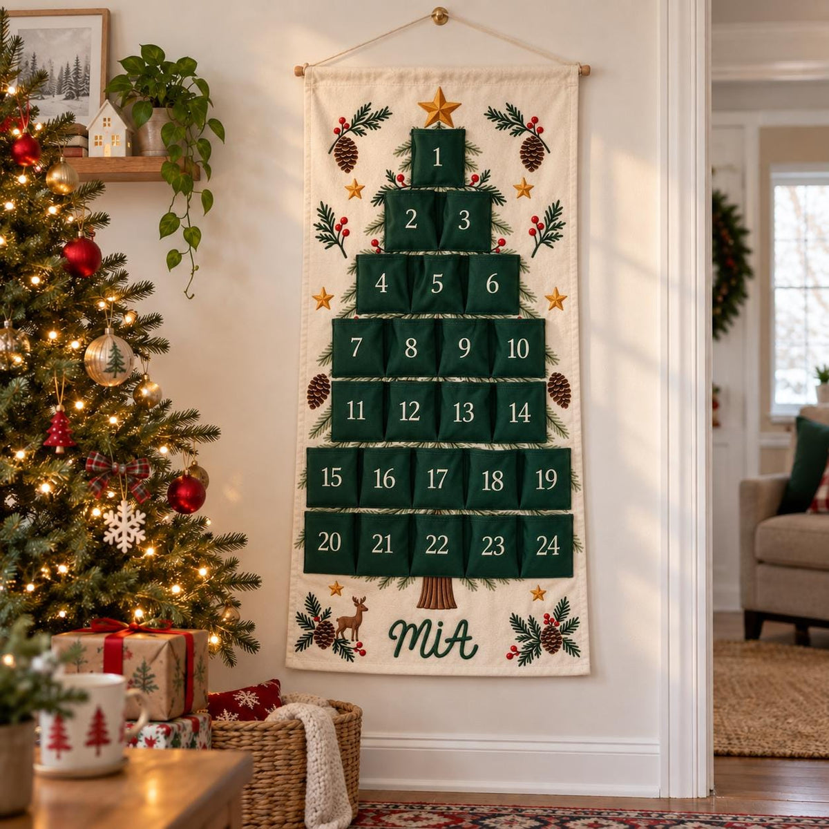 Personalized Christmas Advent Calendar HG, 24 Pocket Nutcracker Wall Hanging with Custom Name, Reusable Canvas Holiday Countdown Decor for Kids
