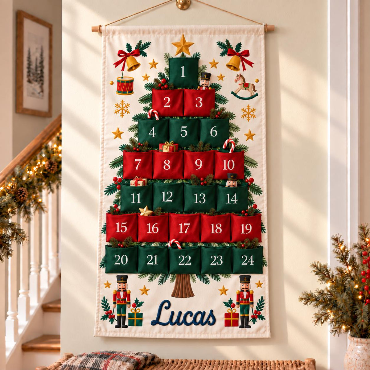 Personalized Christmas Advent Calendar HG, 24 Pocket Nutcracker Wall Hanging with Custom Name, Reusable Canvas Holiday Countdown Decor for Kids