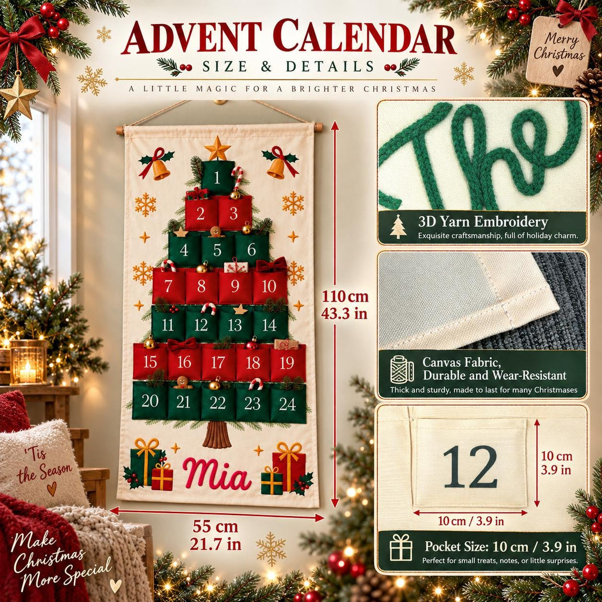 Personalized Christmas Advent Calendar HG, 24 Pocket Nutcracker Wall Hanging with Custom Name, Reusable Canvas Holiday Countdown Decor for Kids
