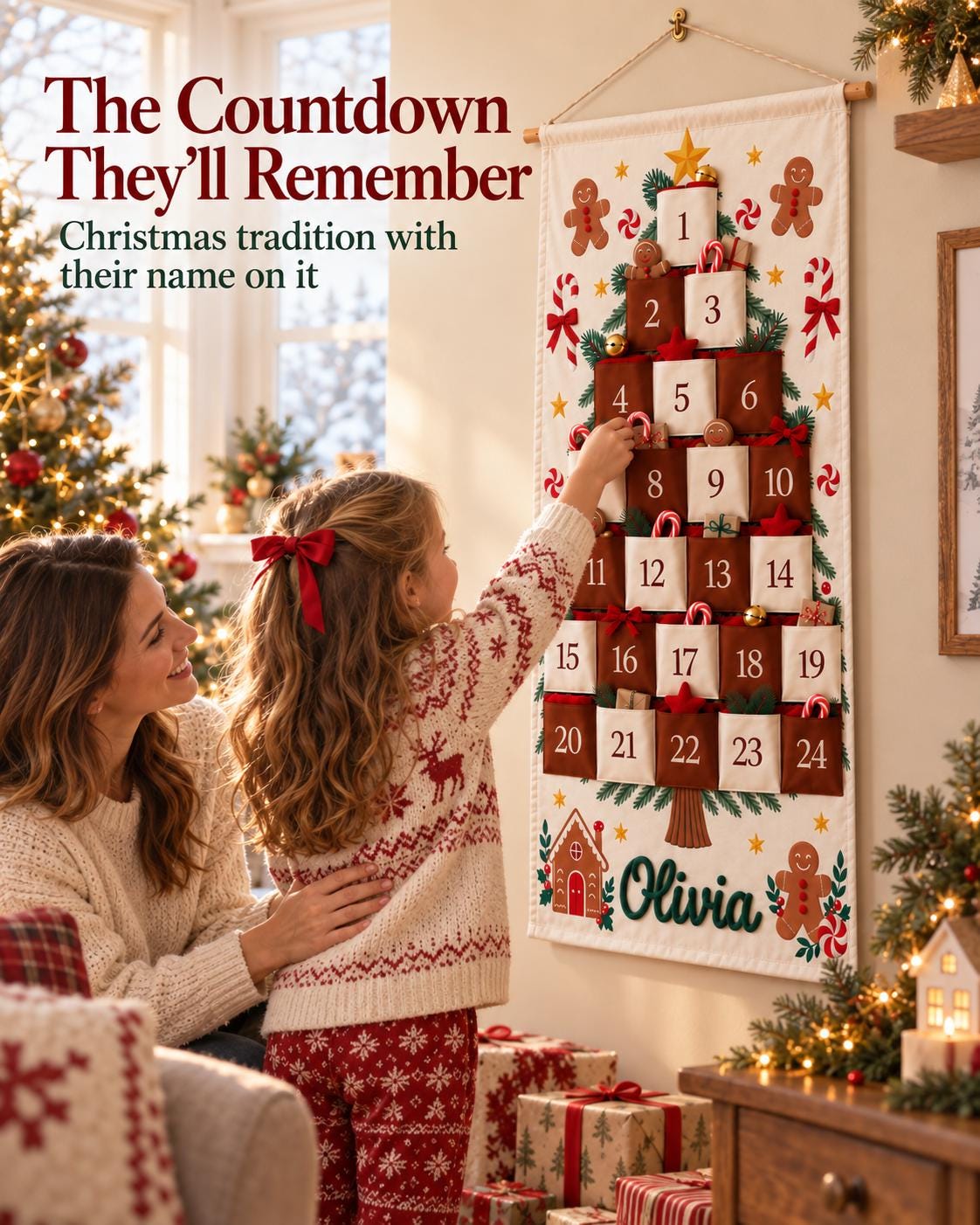 Personalized Christmas Advent Calendar HG, 24 Pocket Nutcracker Wall Hanging with Custom Name, Reusable Canvas Holiday Countdown Decor for Kids