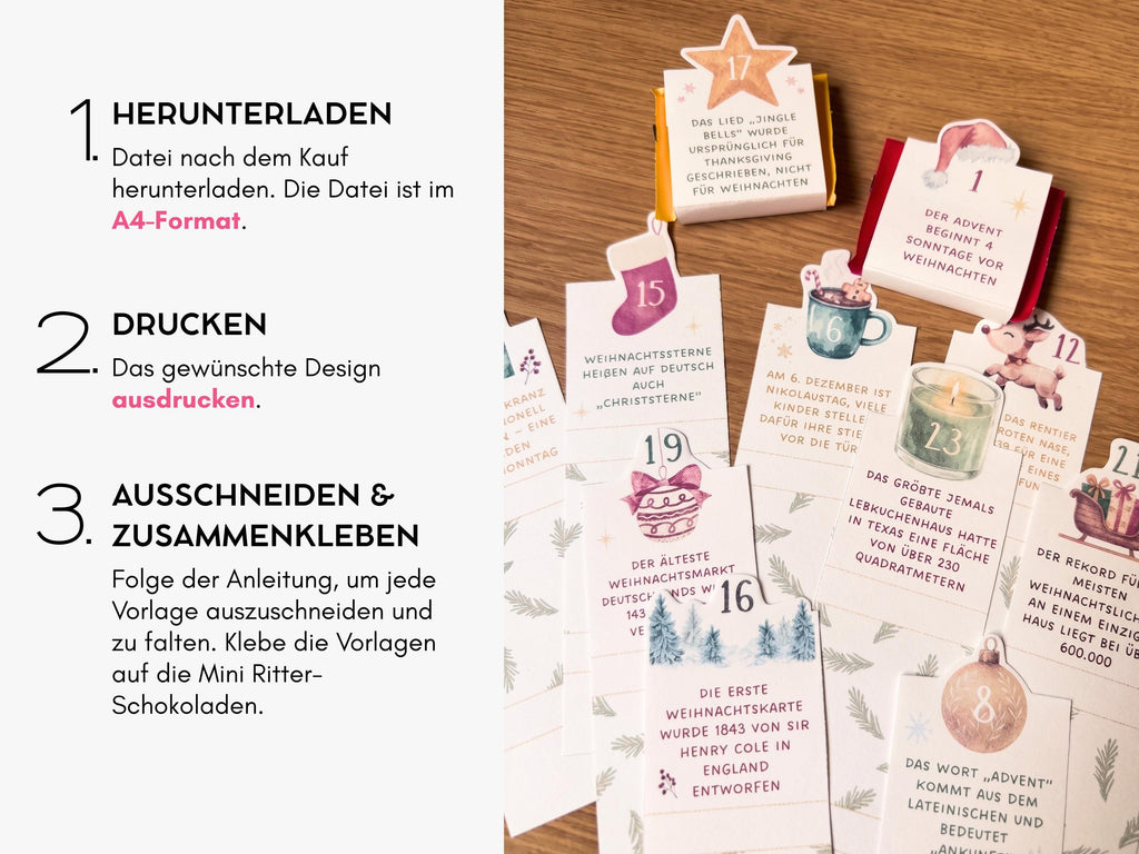 Mini Ritter Sport Adventskalender mit 24 Weihnachtsfakten, Diy Weihnachtsgeschenk, Vorlage zum Ausdrucken, Weihnachten Geschenk