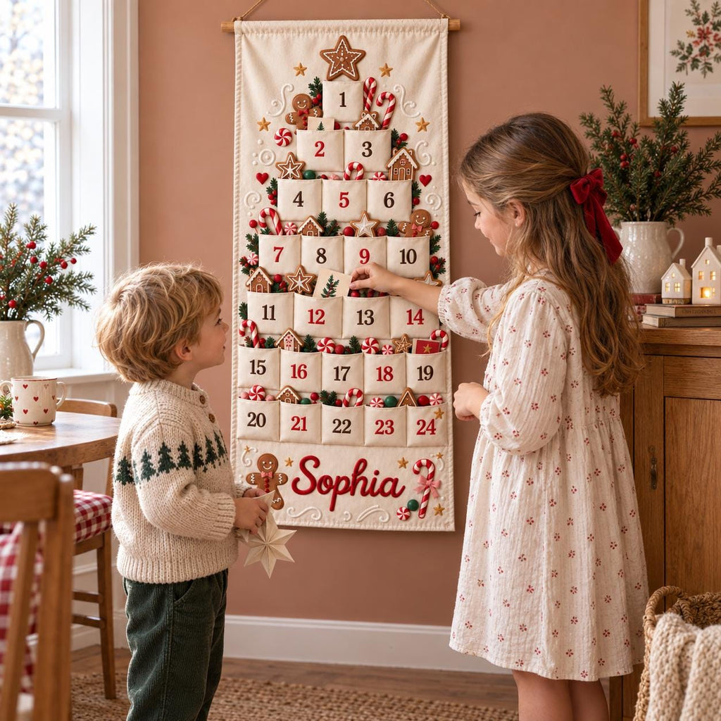 Personalized Christmas Advent Calendar HG for Kids, 24 Pocket Pink Nutcracker Fabric Wall Banner, Custom Name Holiday Countdown for the Family