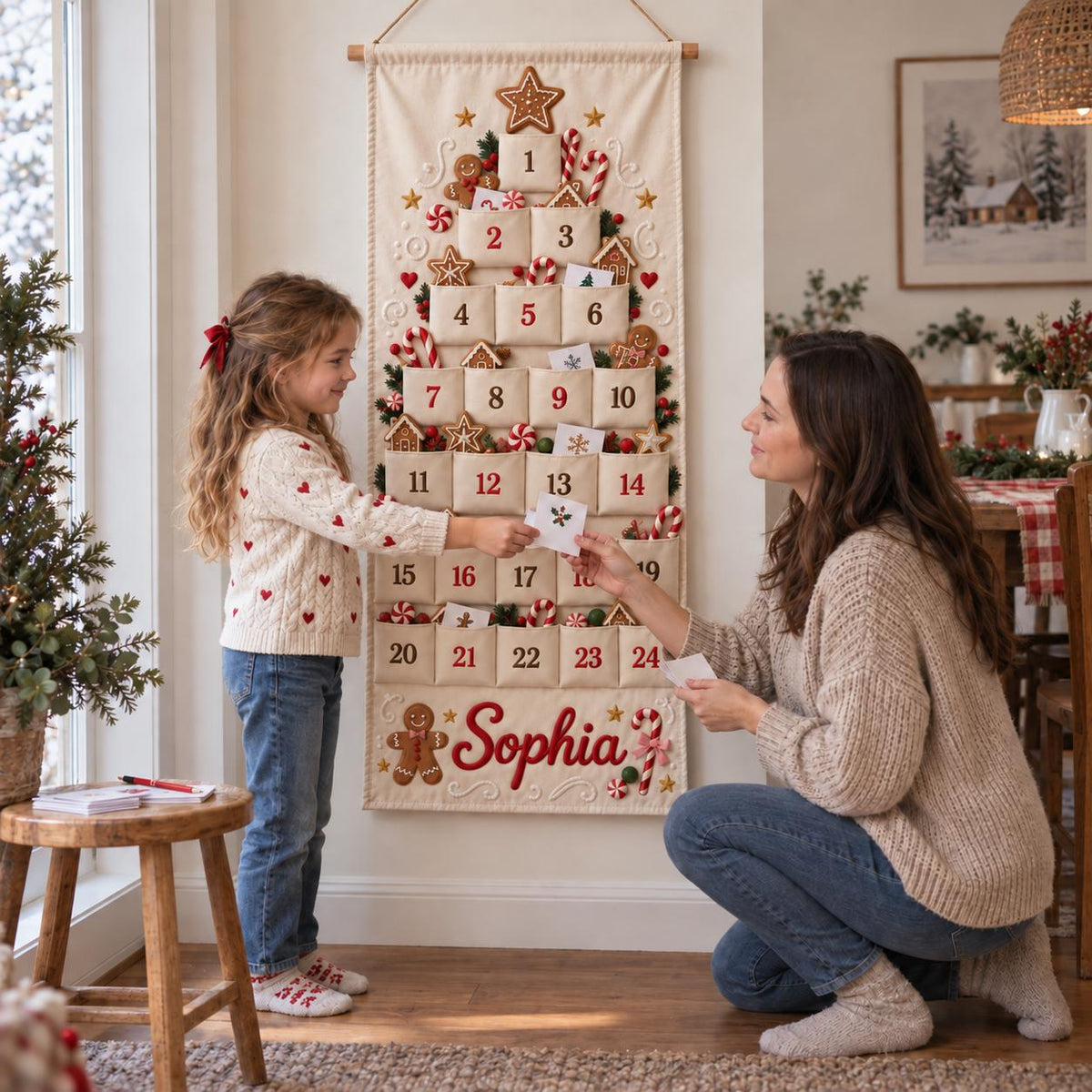Personalized Christmas Advent Calendar HG for Kids, 24 Pocket Pink Nutcracker Fabric Wall Banner, Custom Name Holiday Countdown for the Family