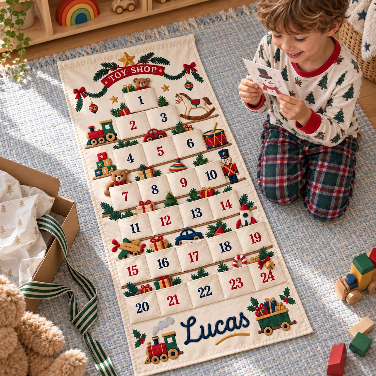 Personalized Christmas Advent Calendar HG for Kids, 24 Pocket Pink Nutcracker Fabric Wall Banner, Custom Name Holiday Countdown for the Family