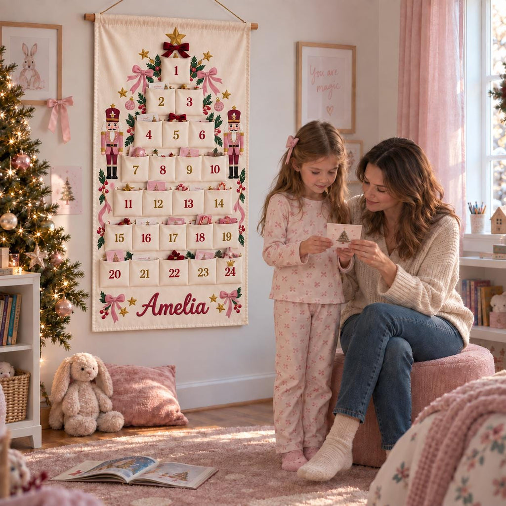 Personalized Christmas Advent Calendar HG for Kids, 24 Pocket Pink Nutcracker Fabric Wall Banner, Custom Name Holiday Countdown for the Family