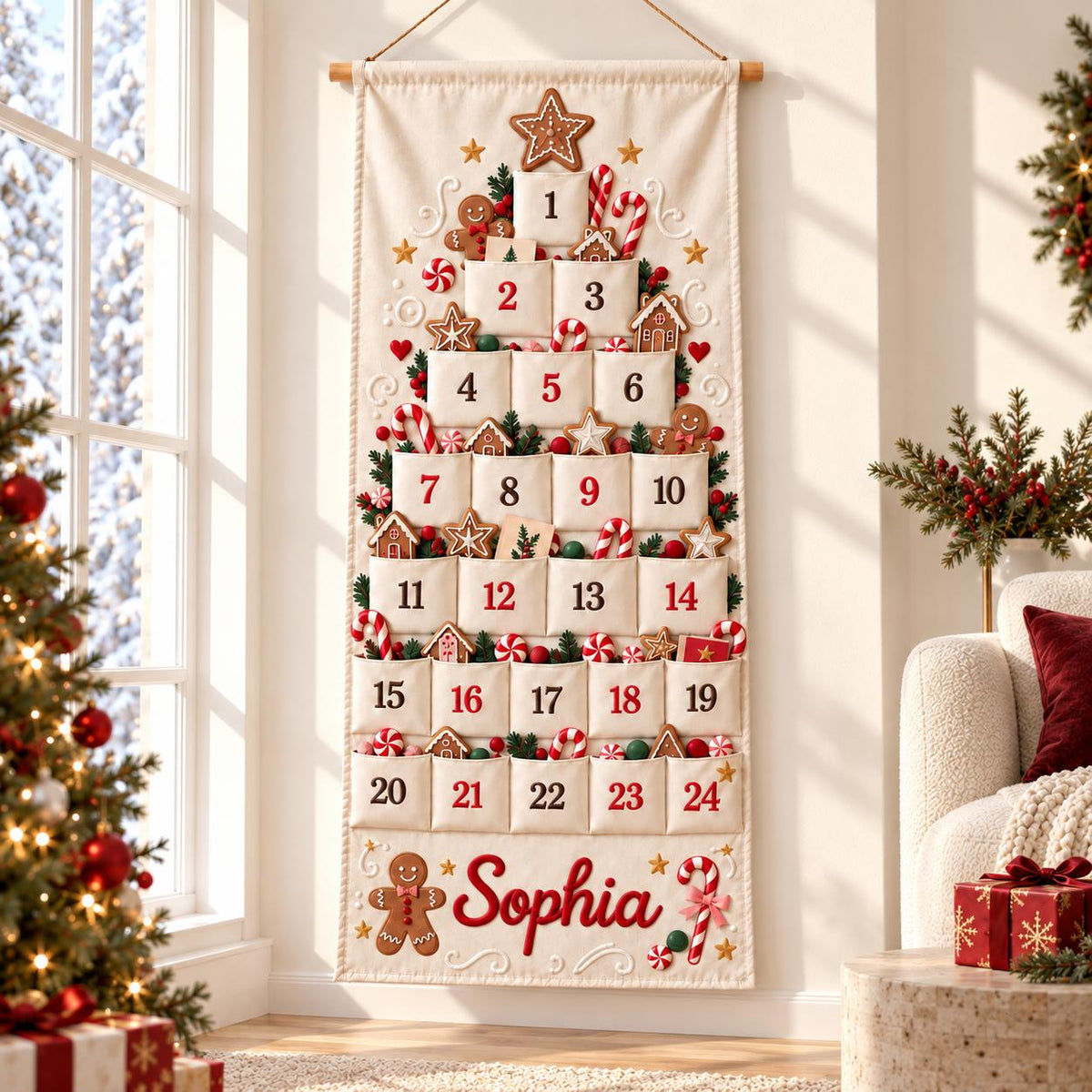Personalized Christmas Advent Calendar HG, 24 Fillable Pockets, Reusable Christmas Wall Hanging, Home Countdown for Family Traditions