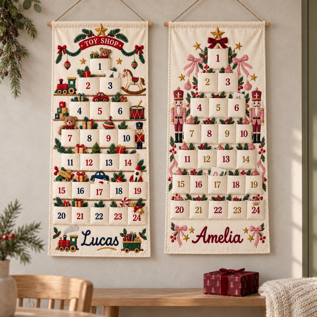 Personalized Christmas Advent Calendar HG for Kids, 24 Pocket Pink Nutcracker Fabric Wall Banner, Custom Name Holiday Countdown for the Family