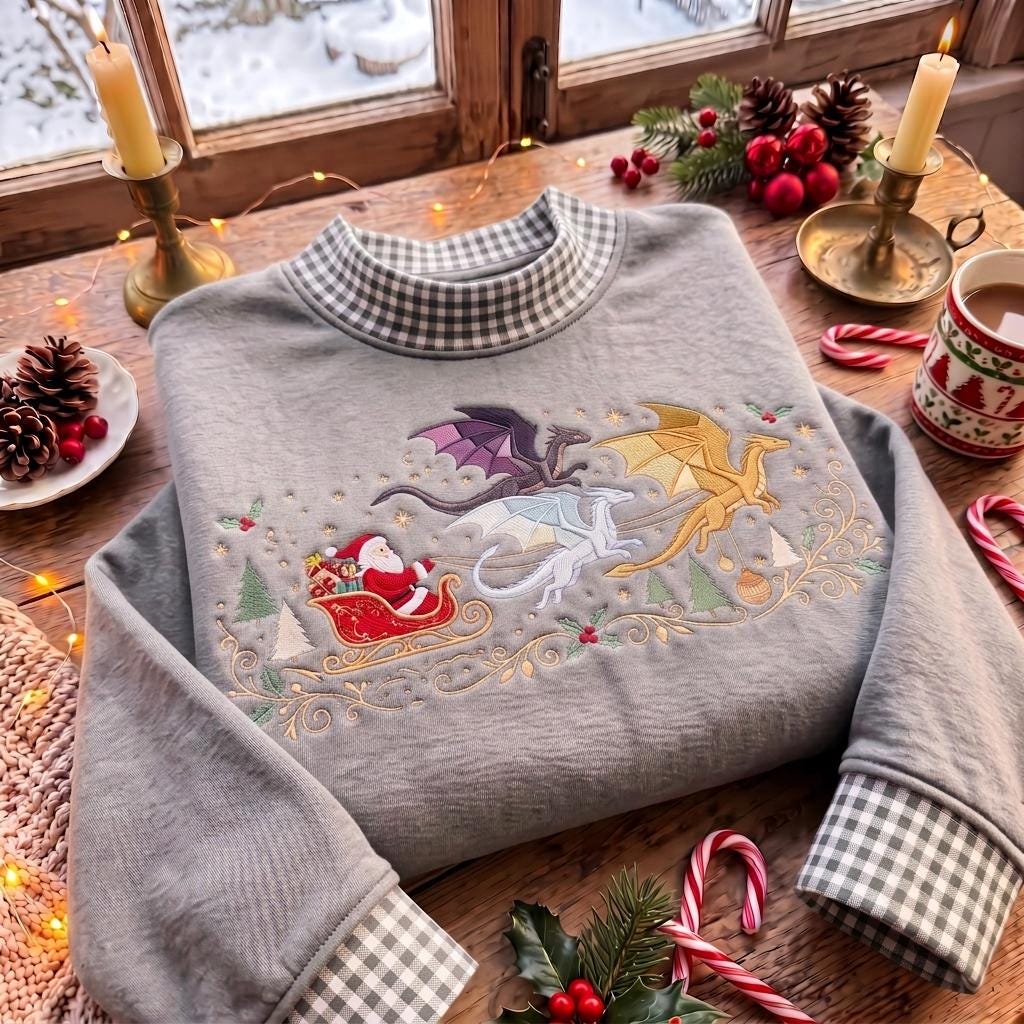 Santa Dragon Gingham Mock Neck HFN Sweatshirt, Embroidered Christmas Dragon Sleigh Sweater, Fantasy Holiday Shirt, Dragon Lover Gift