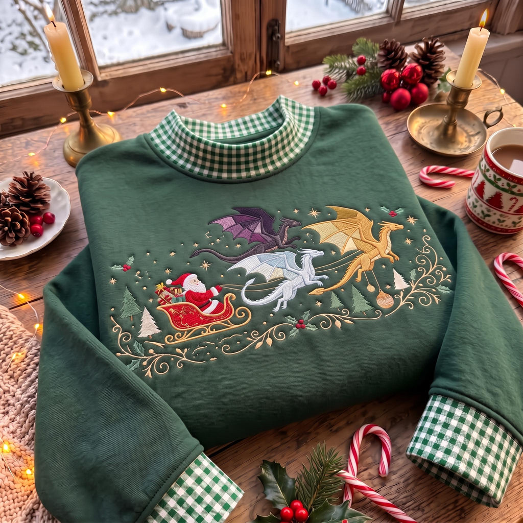 Santa Dragon Gingham Mock Neck HFN Sweatshirt, Embroidered Christmas Dragon Sleigh Sweater, Fantasy Holiday Shirt, Dragon Lover Gift