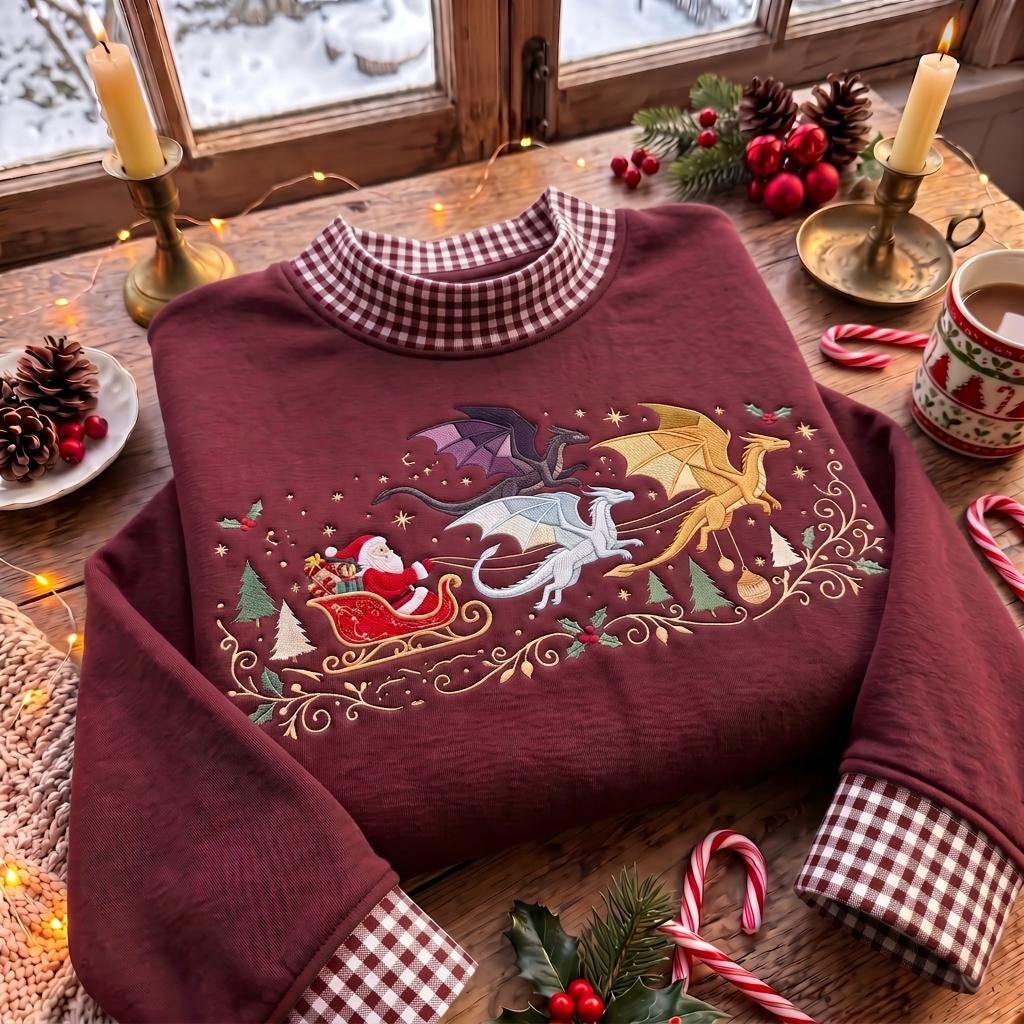 Santa Dragon Gingham Mock Neck HFN Sweatshirt, Embroidered Christmas Dragon Sleigh Sweater, Fantasy Holiday Shirt, Dragon Lover Gift