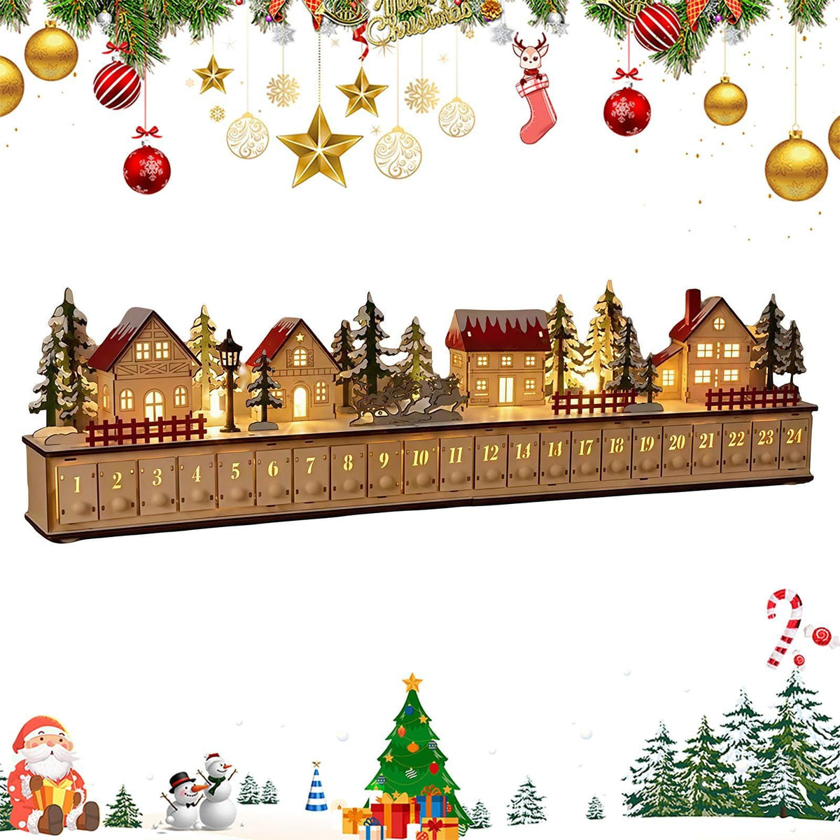 Wooden Advent Calendar HG, 24 Drawer Christmas Countdown, Light Up Christmas Village, Reusable Holiday Decor, Christmas Gift
