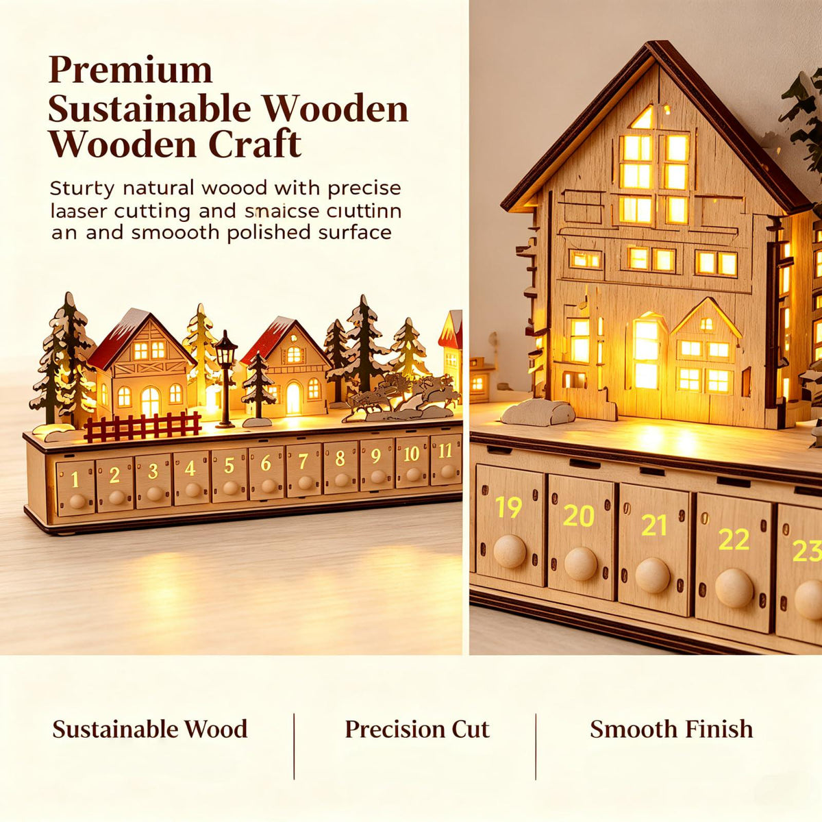 Wooden Advent Calendar HG, 24 Drawer Christmas Countdown, Light Up Christmas Village, Reusable Holiday Decor, Christmas Gift