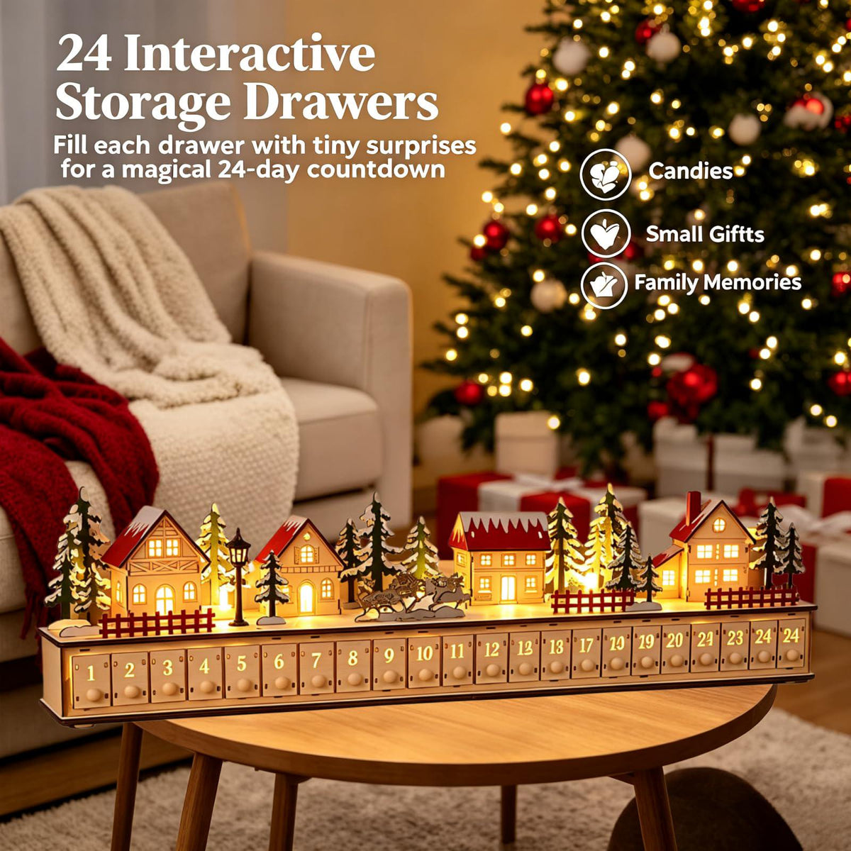 Wooden Advent Calendar HG, 24 Drawer Christmas Countdown, Light Up Christmas Village, Reusable Holiday Decor, Christmas Gift