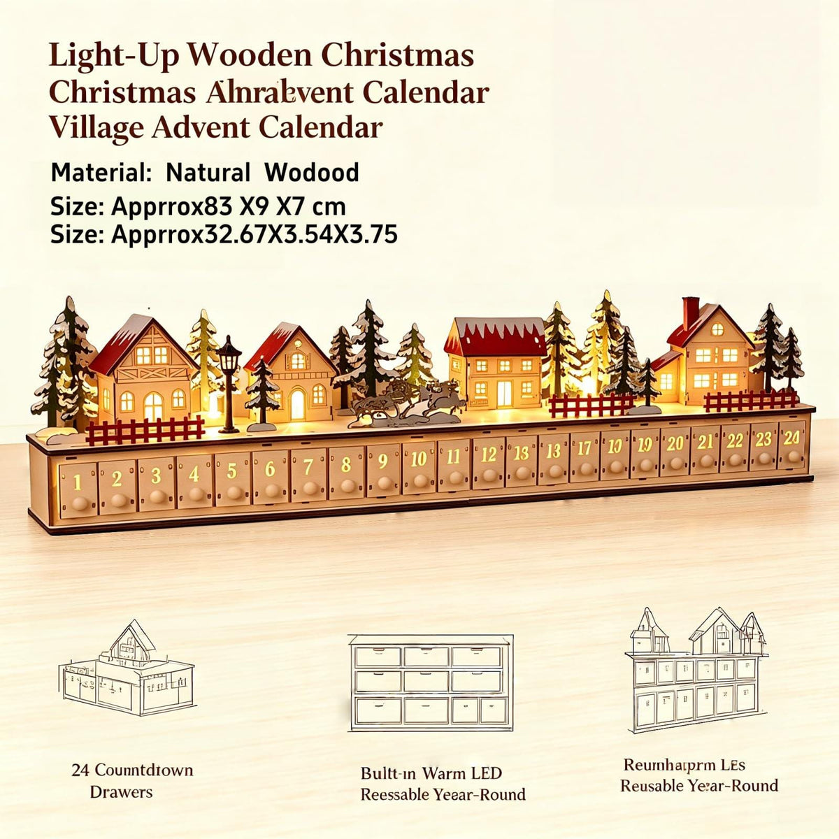 Wooden Advent Calendar HG, 24 Drawer Christmas Countdown, Light Up Christmas Village, Reusable Holiday Decor, Christmas Gift