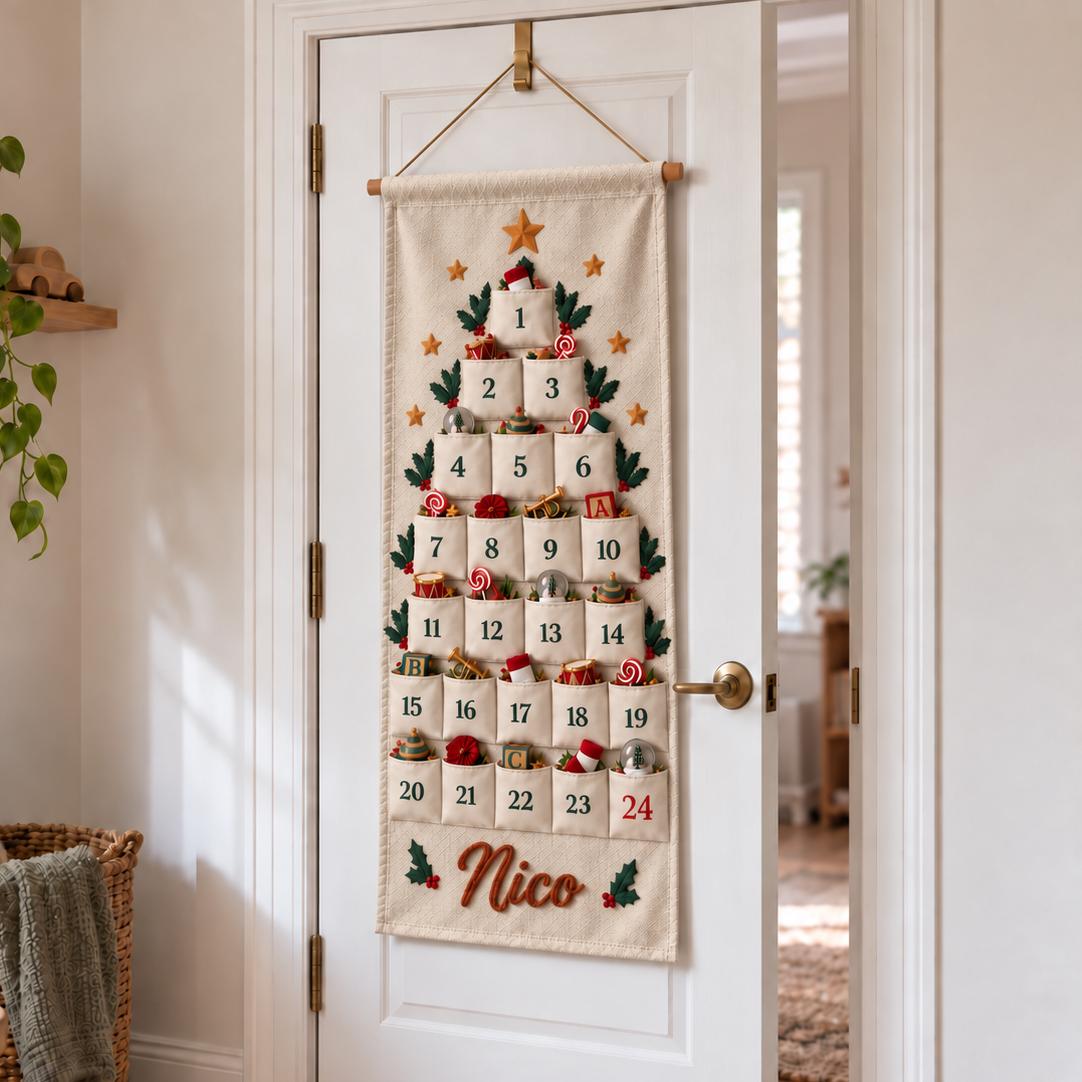 Personalized Christmas Advent Calendar HG, Embroidered Name 24-Pocket Fabric Countdown Organizer, Kids Advent Calendar HG, Reusable Wall Hanging